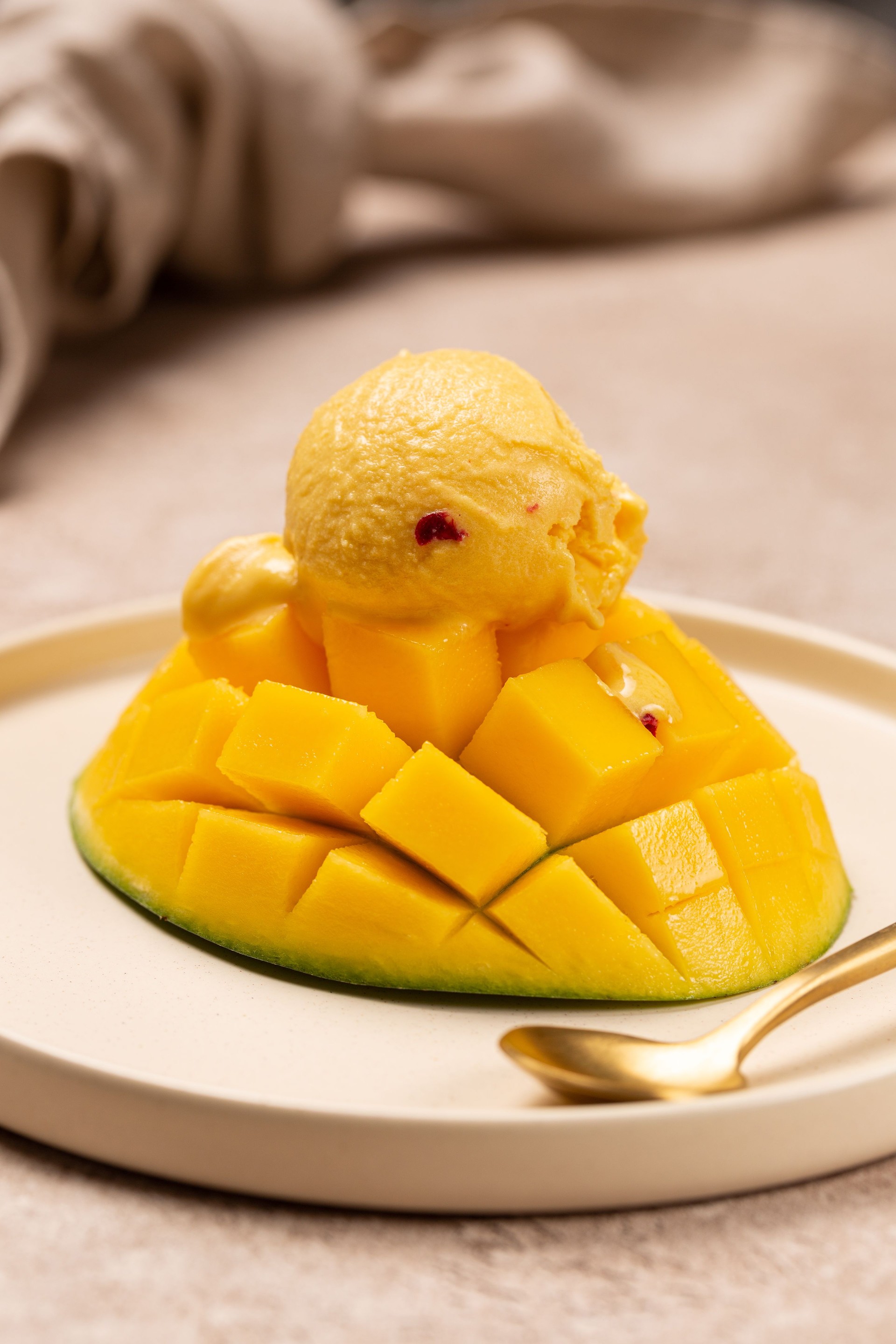 Natural mango ice cream on a slice of ripe mango